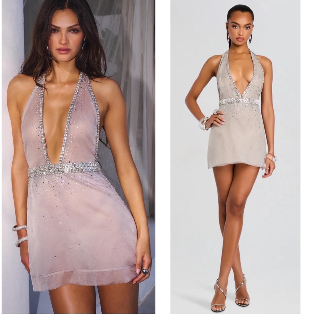 RETROFETE Courtnee Crystal Embellished Deep V Halterneck Silver Mini Dress Sz S